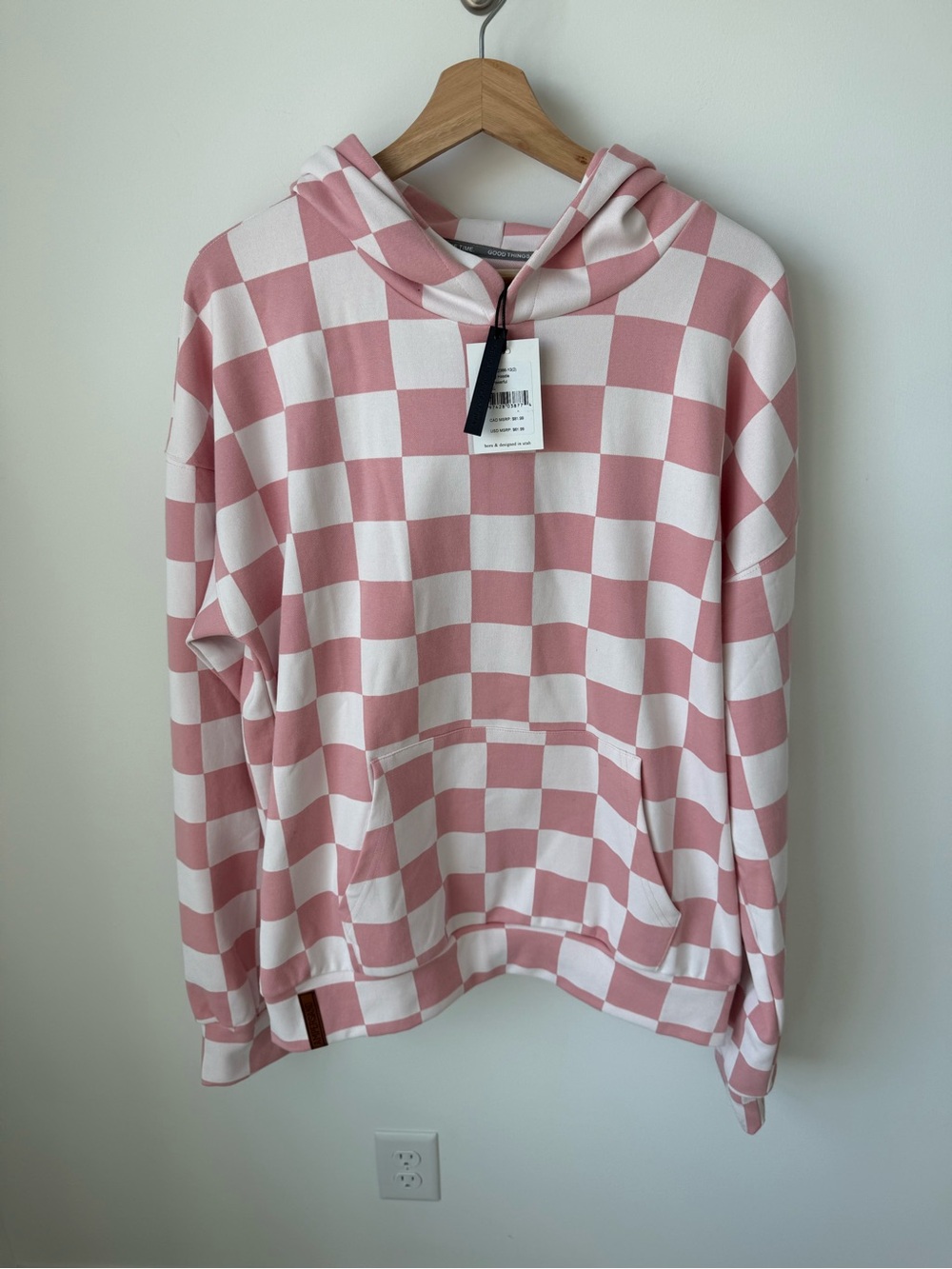 NWT Ampersand Avenue Pink and White Checkered Hoodie Sweater | XL